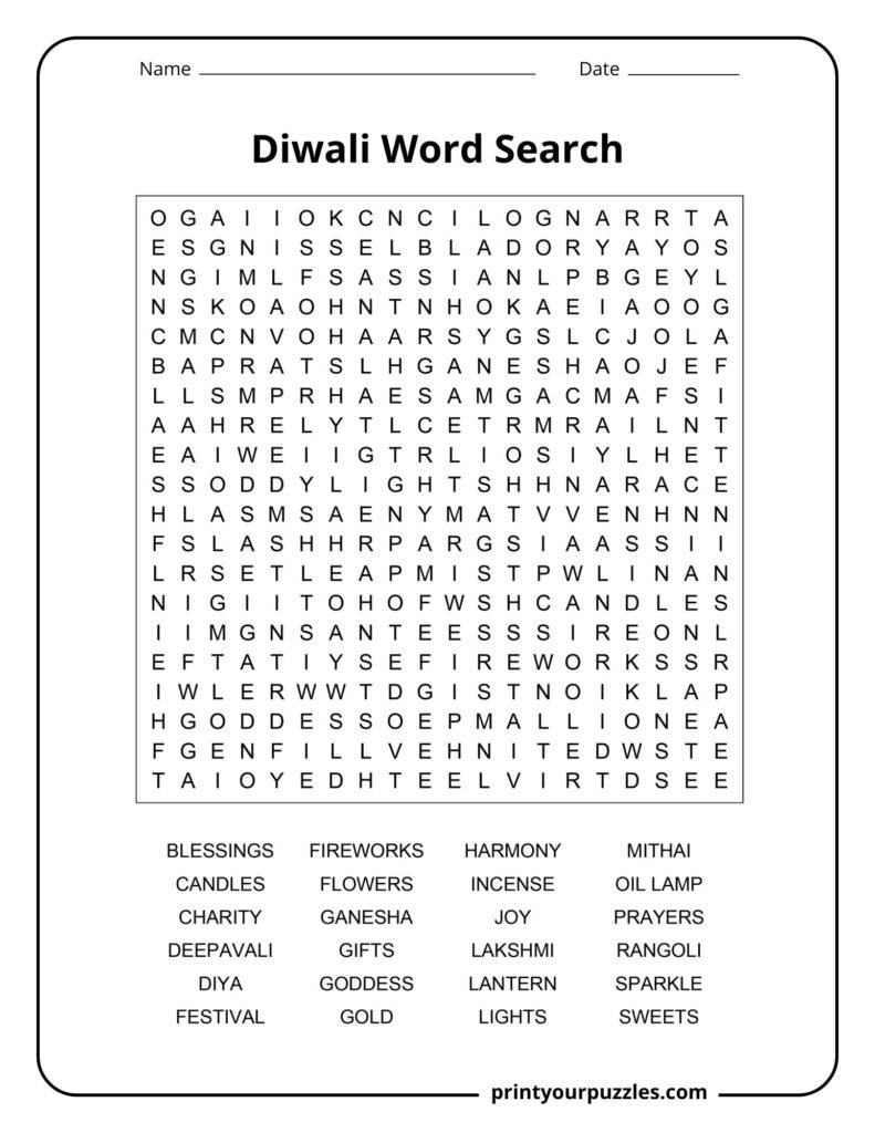 Hard Diwali word search featuring Lakshmi, Ganesha, rangoli, diyas, fireworks, and festival traditions.