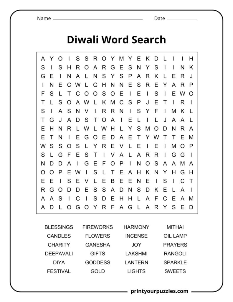 Medium Diwali word search with festival words such as diyas, lights, sweets, prayers, and rangoli.