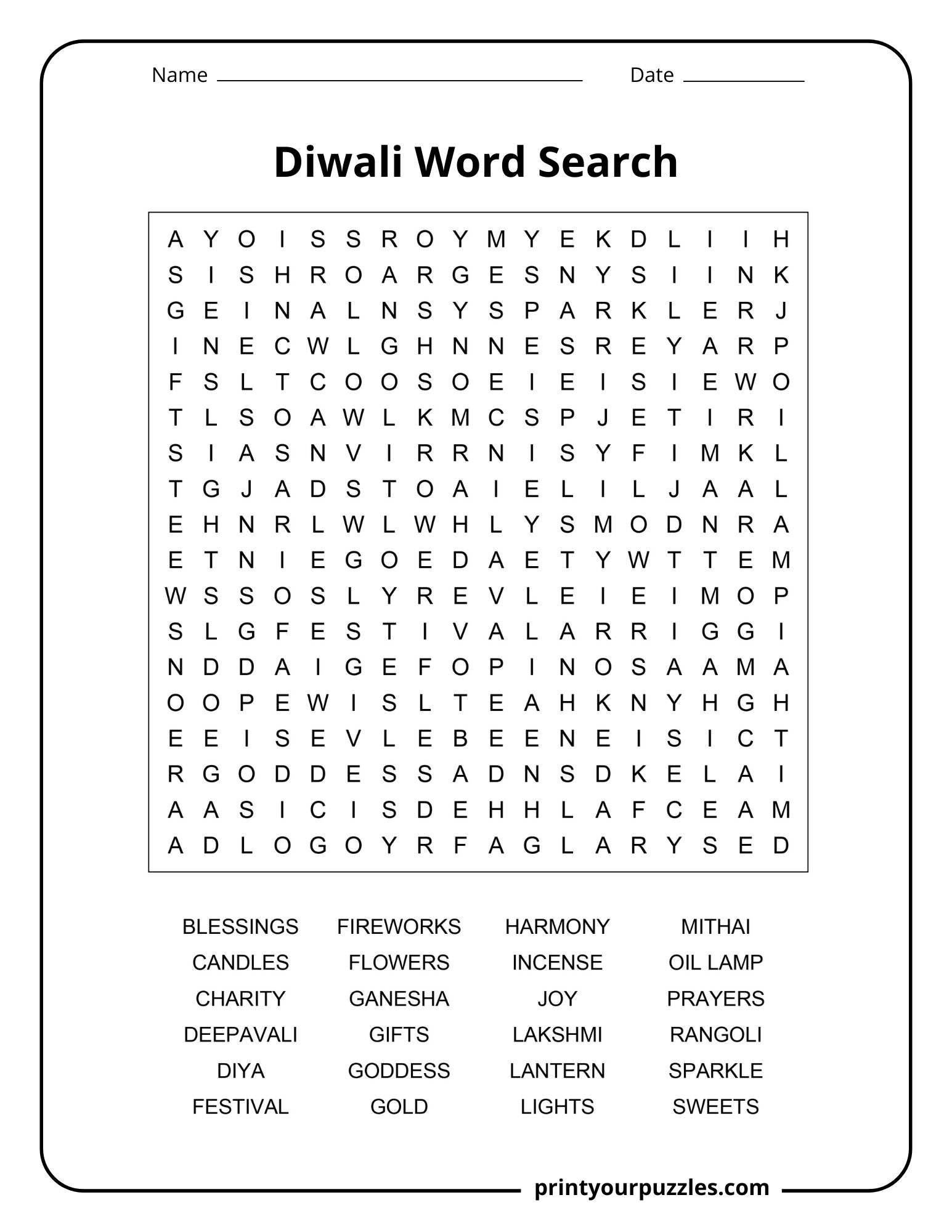 Medium Diwali word search with festival words such as diyas, lights, sweets, prayers, and rangoli.