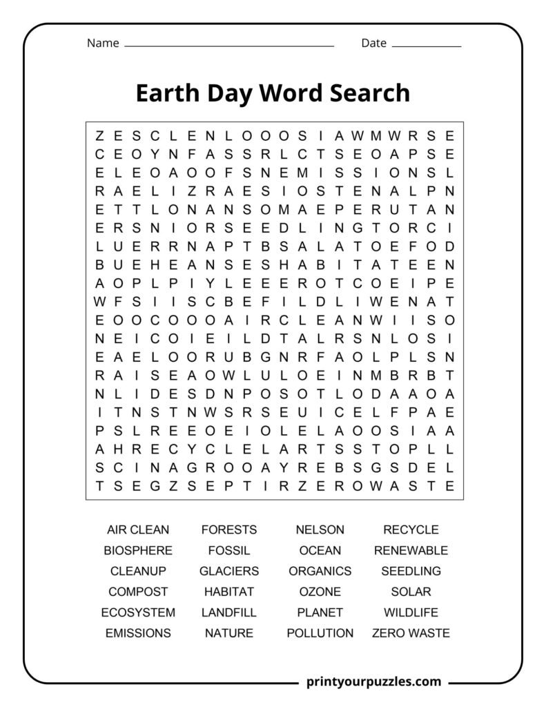 Hard Earth Day word search featuring recycle, ecosystem, emissions, wildlife, solar, and nature terms.