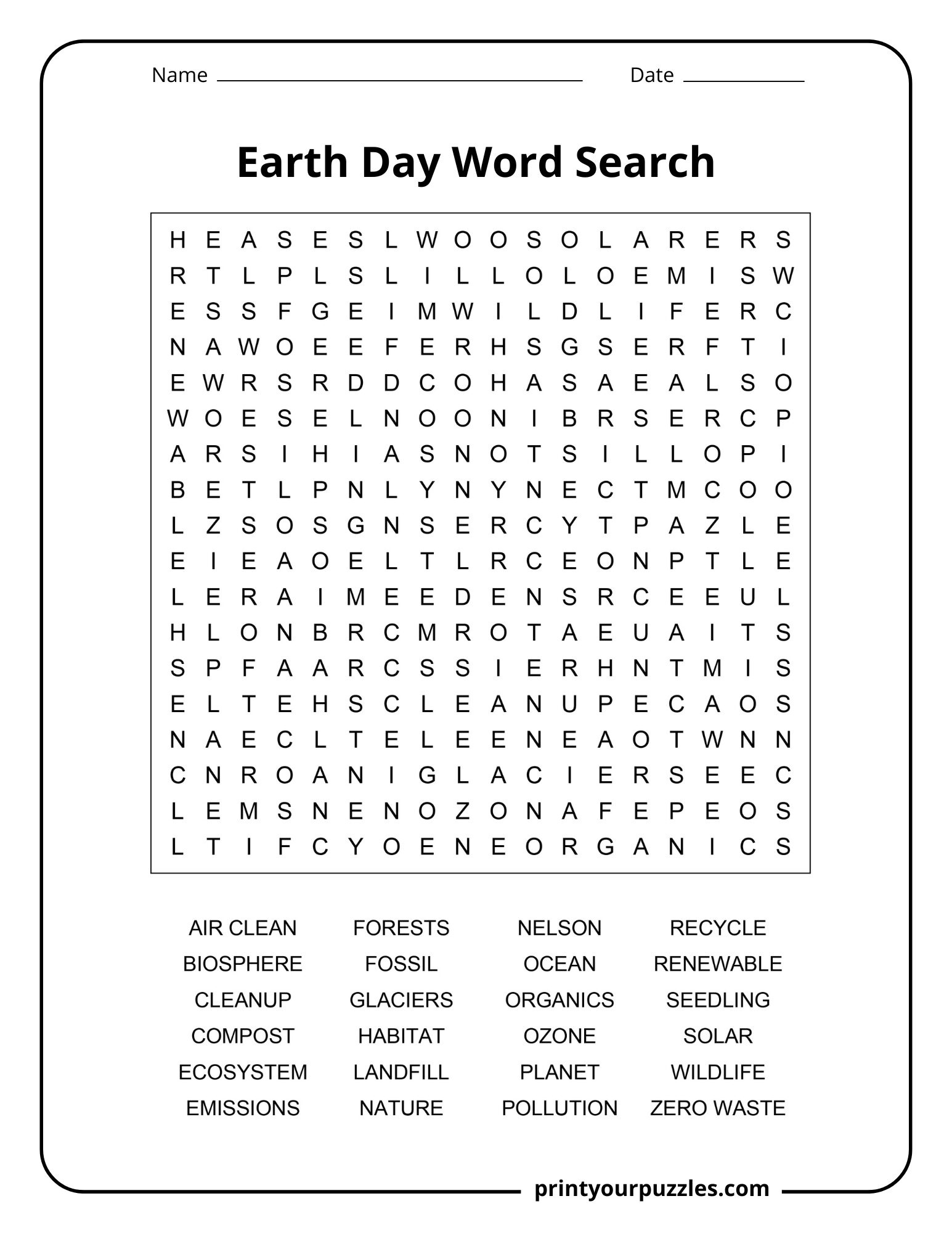 Medium Earth Day word search with recycle, solar, wildlife, clean air, and environmental terms.