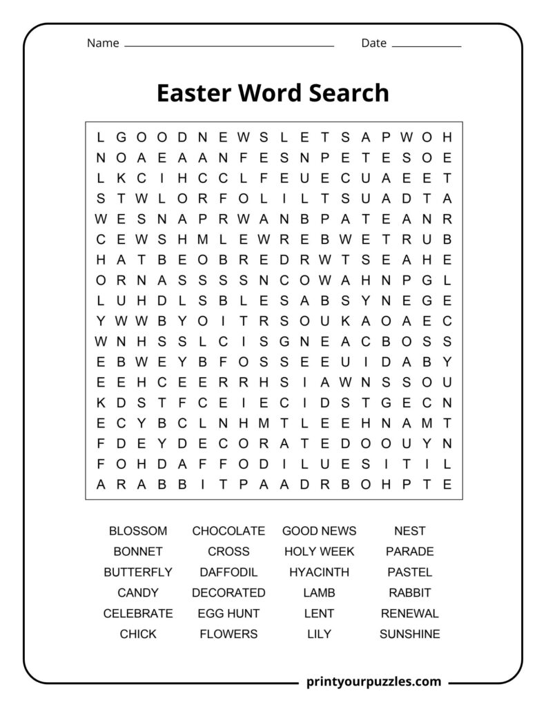 Medium Easter word search with rabbit, daffodil, decorated eggs, flowers, and Easter celebration terms.