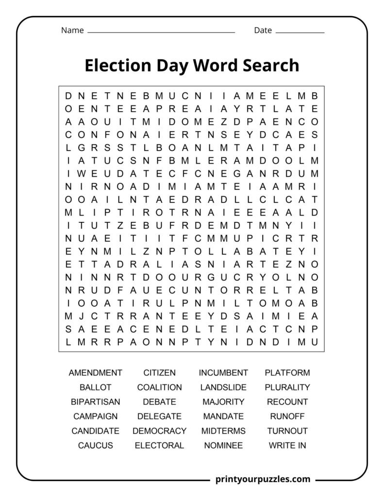 Hard Election Day word search puzzle featuring democracy, ballot, campaign, turnout, and electoral terms.
