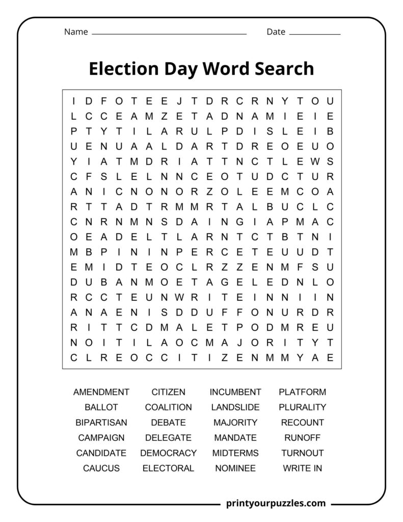 Medium Election Day word search with ballot, citizen, majority, candidate, and democracy vocabulary.