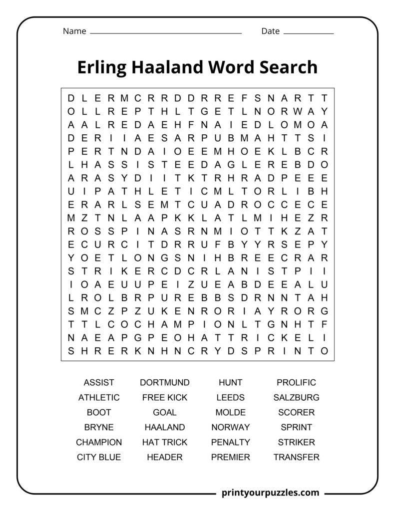 Hard Erling Haaland word search puzzle featuring football career terms, clubs, achievements, and soccer keywords.