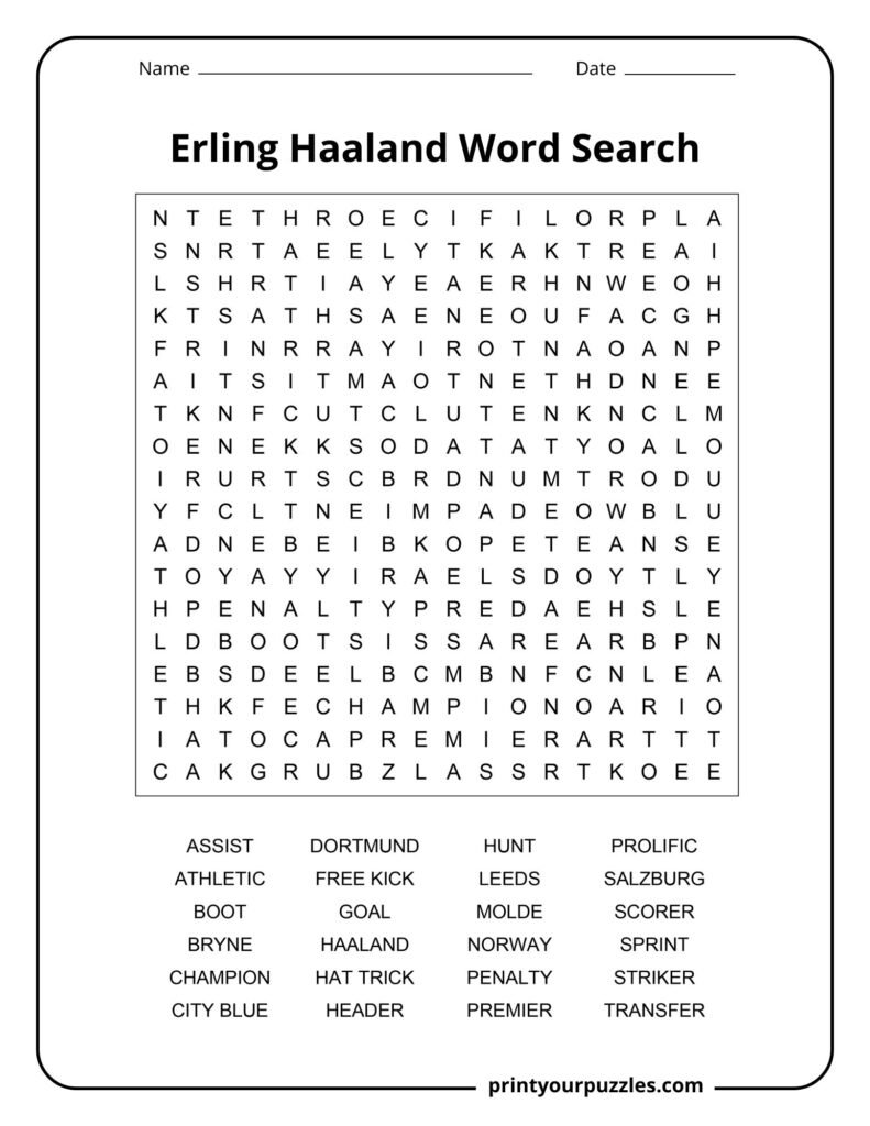 Medium Erling Haaland word search printable featuring football terms, career highlights, and soccer-related vocabulary.