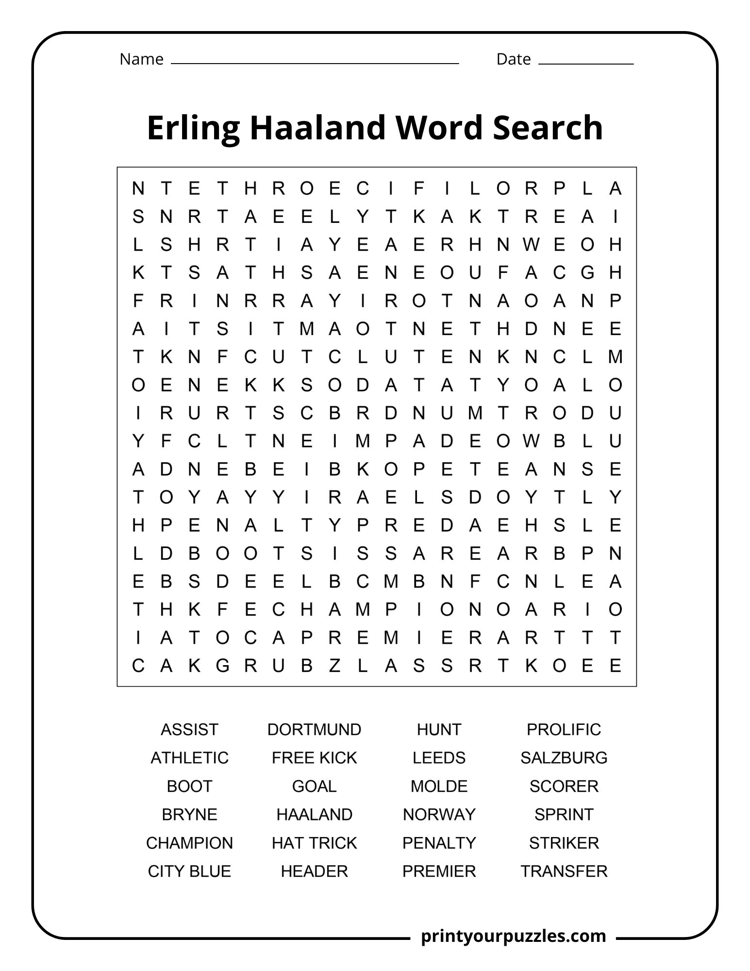 Medium Erling Haaland word search printable featuring football terms, career highlights, and soccer-related vocabulary.
