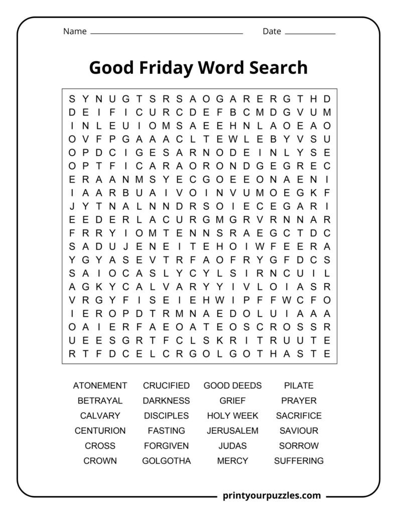 Hard Good Friday word search featuring Calvary, Golgotha, sacrifice, crucifixion, and Holy Week themes.