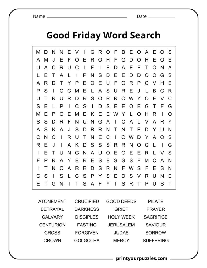 Medium Good Friday word search with prayer, sacrifice, Calvary, disciples, and Easter vocabulary.
