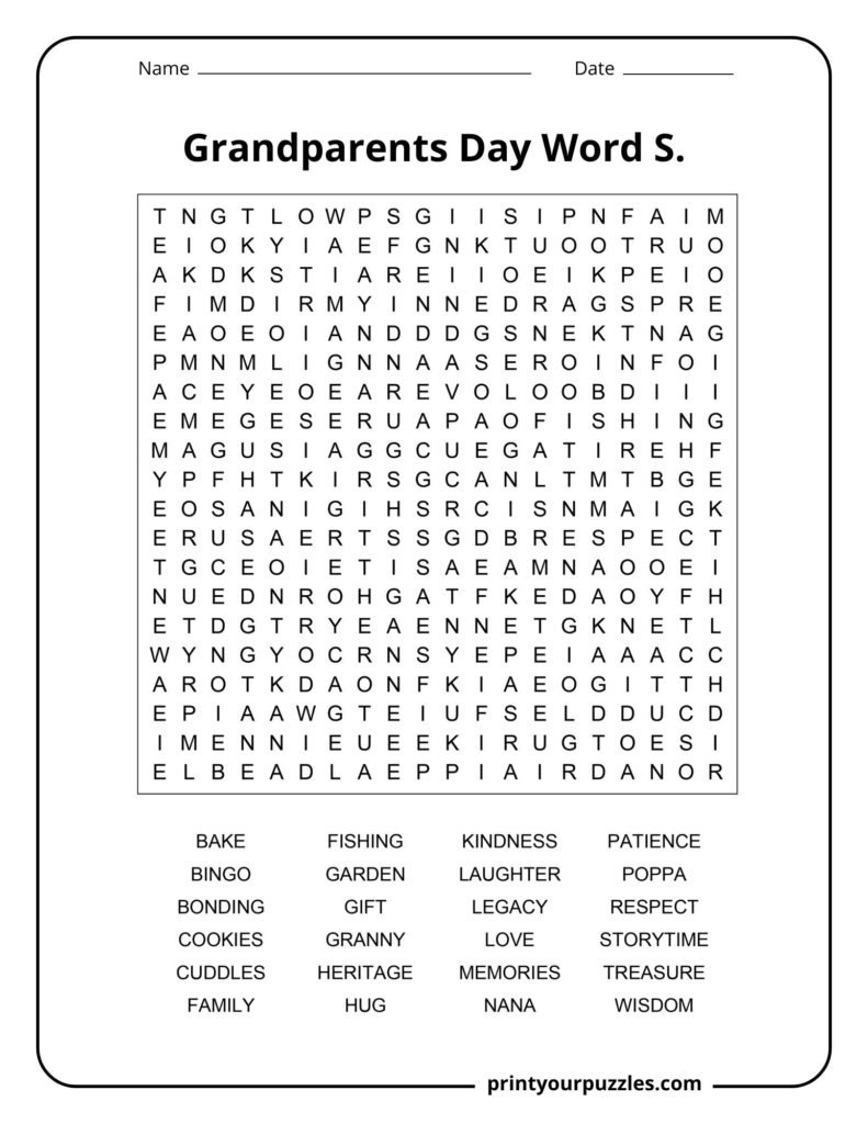 Hard Grandparents Day word search with family-themed words like wisdom, legacy, memories, and respect.