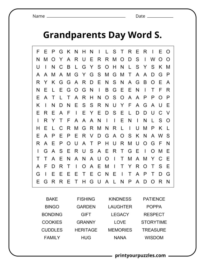 Medium Grandparents Day word search featuring family, hugs, granny, patience, stories, and kindness.