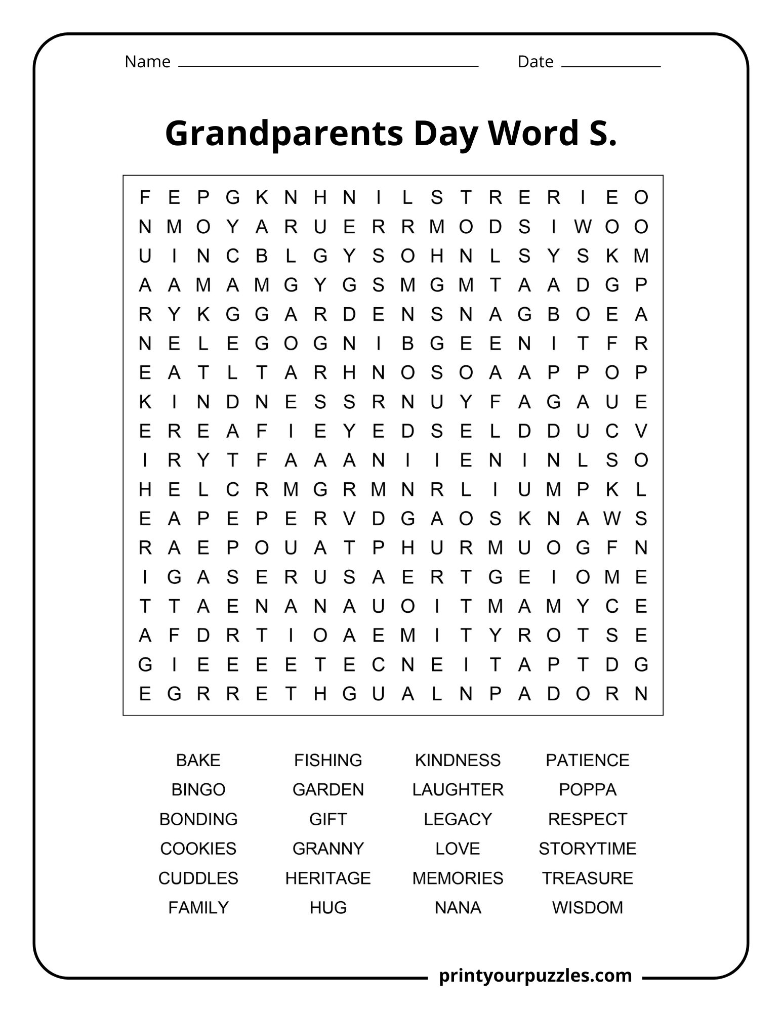Medium Grandparents Day word search featuring family, hugs, granny, patience, stories, and kindness.