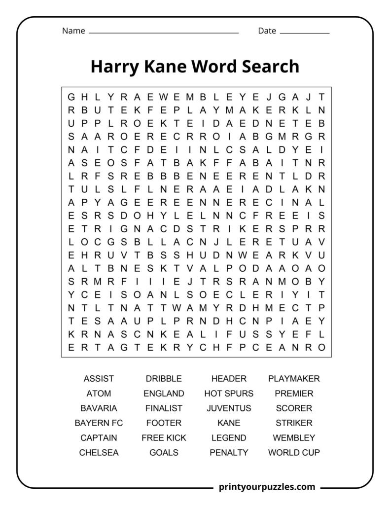 Harry Kane hard word search puzzle featuring football terms, clubs, and career highlights in a printable activity sheet.