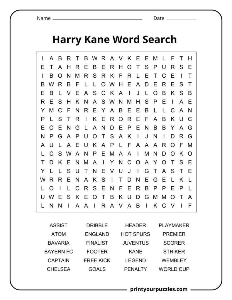 Harry Kane medium difficulty word search puzzle with soccer vocabulary, teams, and famous football career keywords.