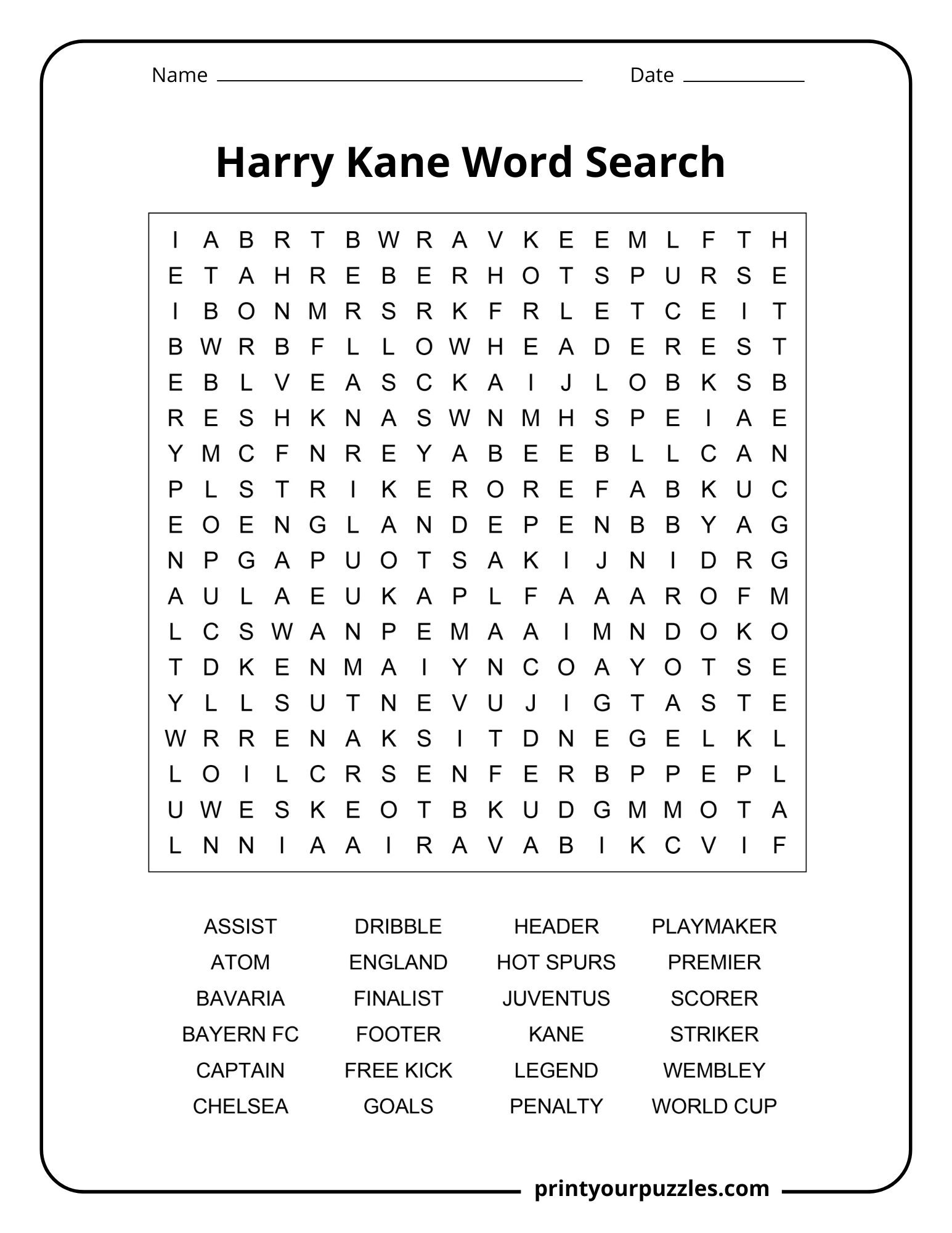 Harry Kane medium difficulty word search puzzle with soccer vocabulary, teams, and famous football career keywords.