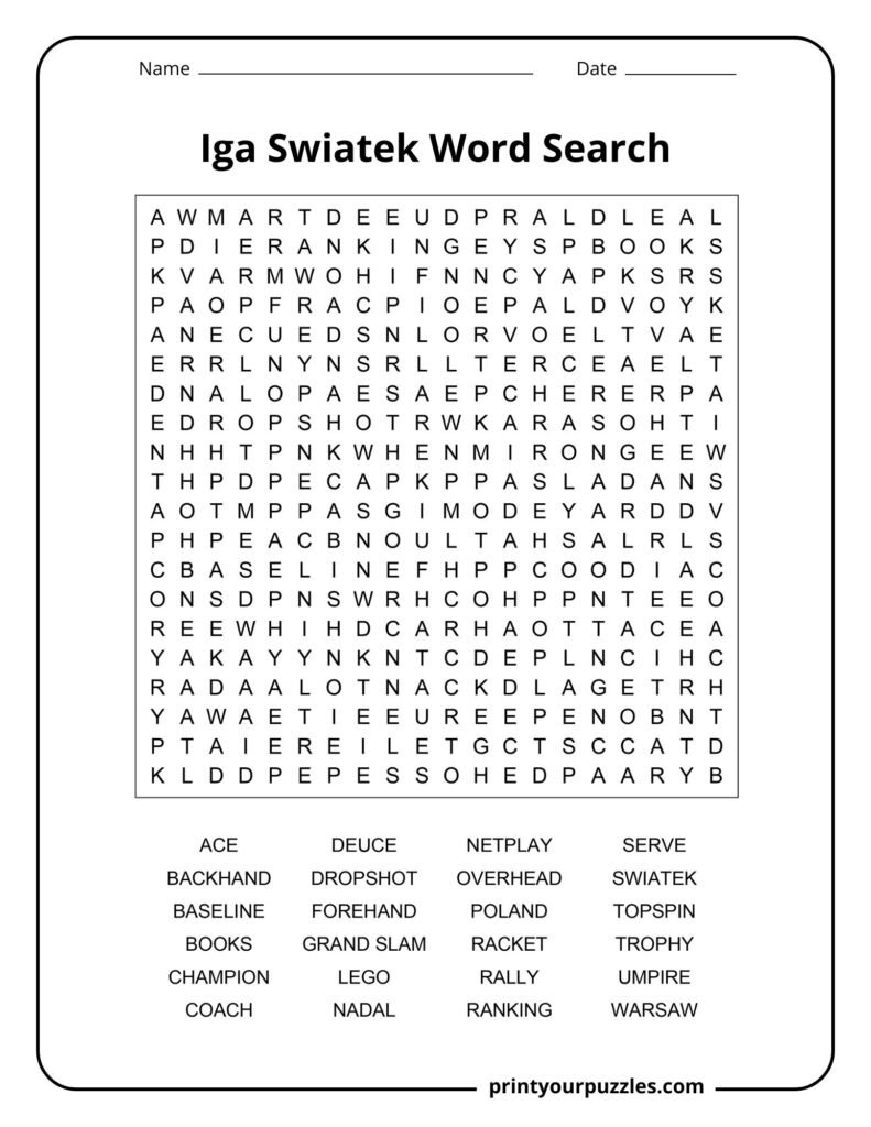 Iga Swiatek hard word search puzzle featuring tennis vocabulary and Grand Slam champion keywords.