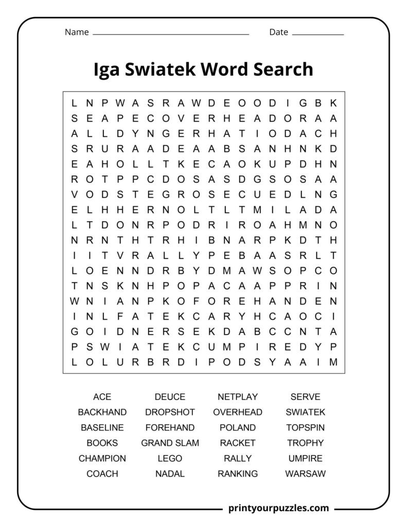 Iga Swiatek medium word search printable with tennis terms and professional tournament vocabulary.