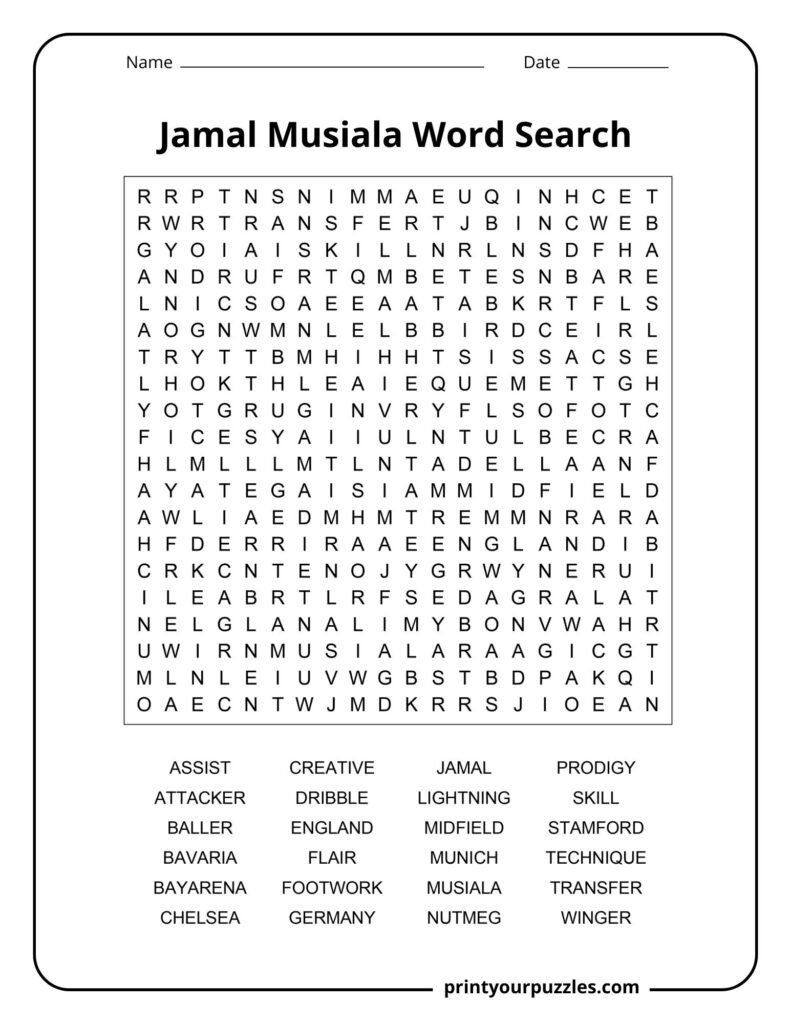 Hard Jamal Musiala word search puzzle featuring football skills, clubs, career highlights, and soccer vocabulary.