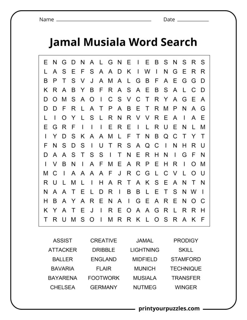 Medium Jamal Musiala word search printable featuring football terms, skills, clubs, and soccer career highlights.