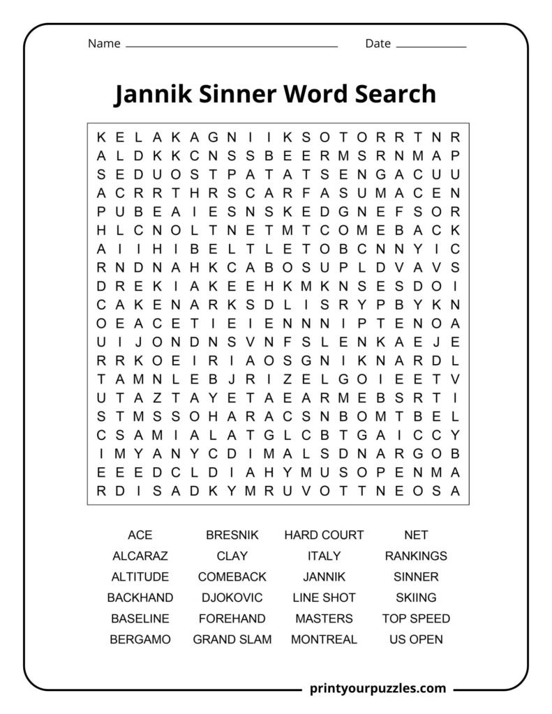 Jannik Sinner hard word search puzzle featuring tennis terms, Grand Slam titles, and career-related keywords.