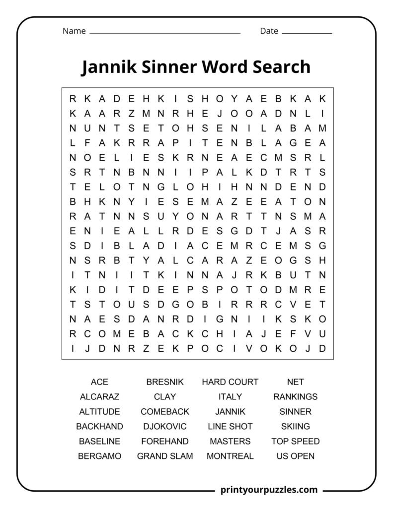 Jannik Sinner medium difficulty word search puzzle with tennis vocabulary and tournament themed keywords.