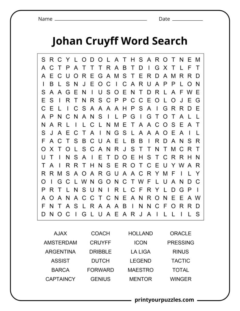 Johan Cruyff hard word search puzzle featuring football terms, Ajax history, and legendary soccer career keywords.