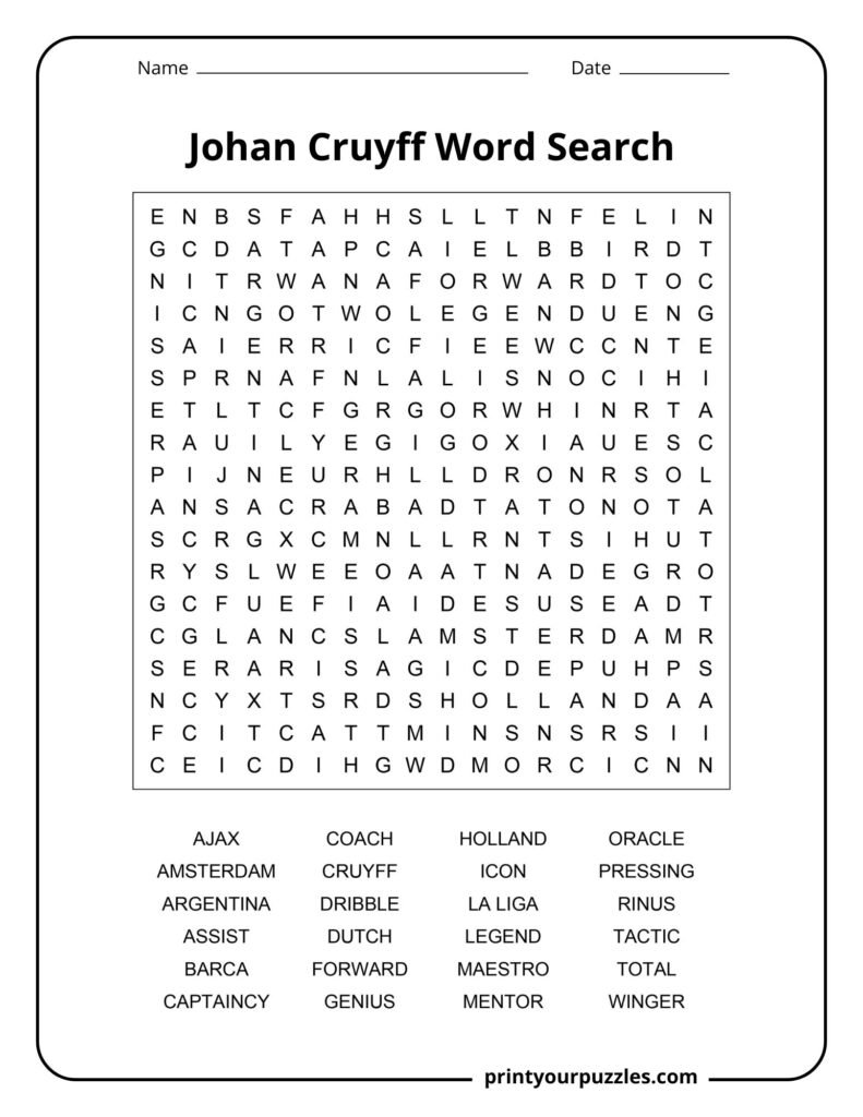 Johan Cruyff medium difficulty word search puzzle with soccer vocabulary and iconic football career terms.