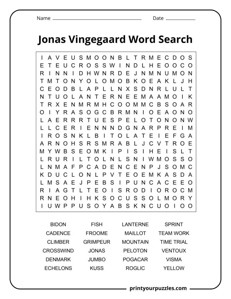 Jonas Vingegaard hard word search puzzle featuring Tour de France cycling terms and pro racing vocabulary.