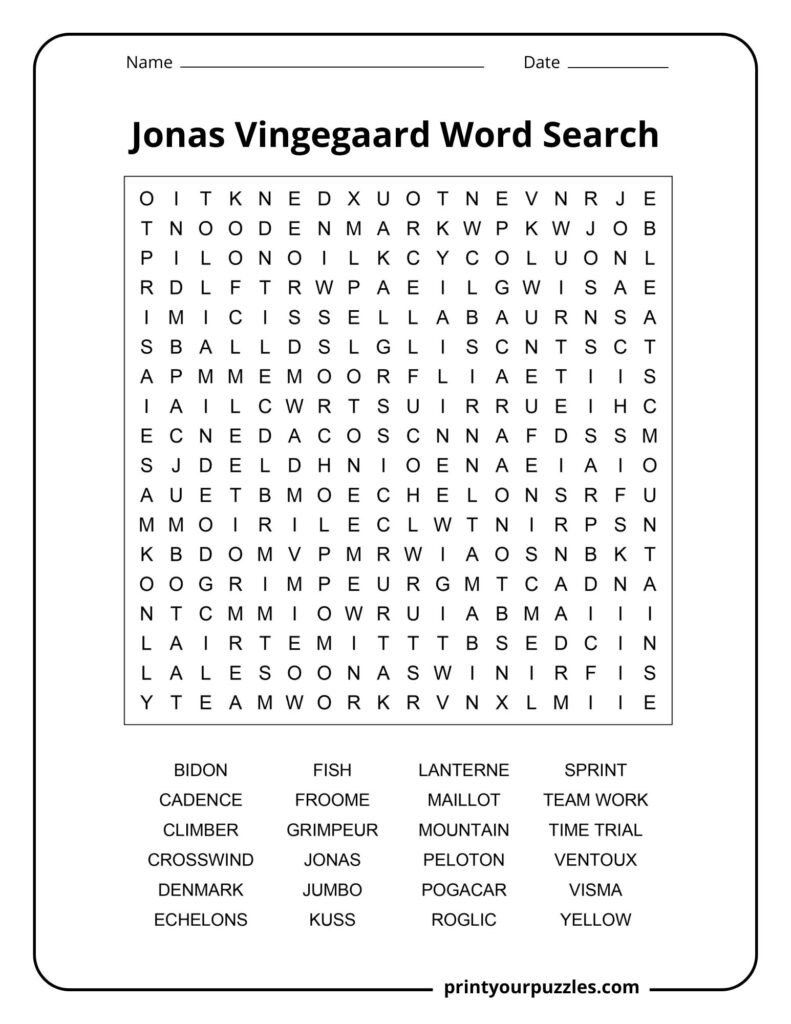 Jonas Vingegaard medium difficulty word search puzzle with cycling vocabulary and Tour de France keywords.