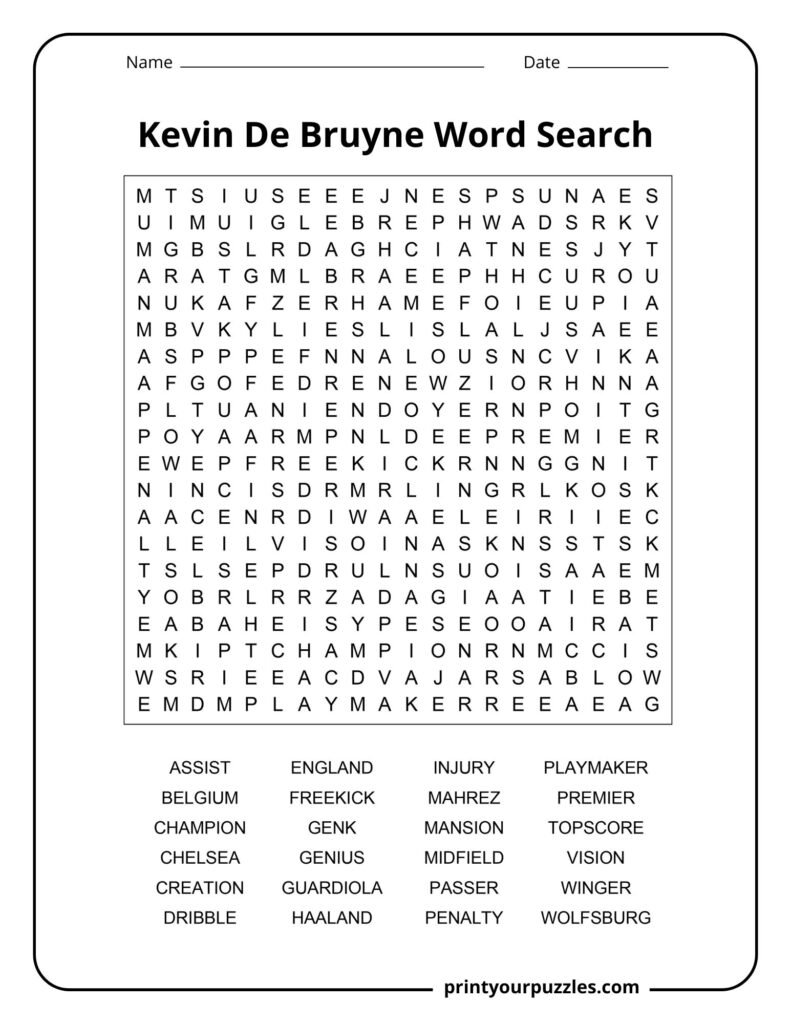 Hard Kevin De Bruyne word search puzzle featuring football skills, clubs, achievements, and soccer career terms.