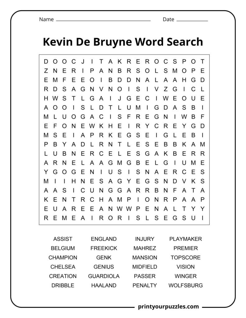 Medium Kevin De Bruyne word search printable featuring football skills, clubs, achievements, and soccer vocabulary.