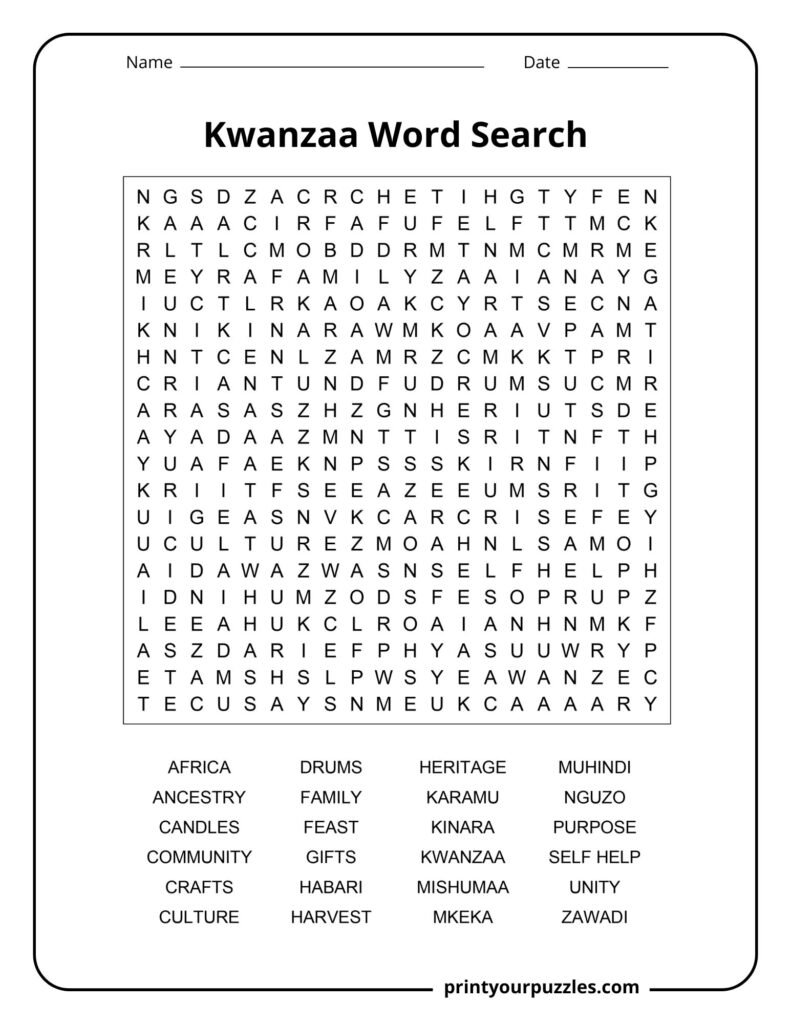 Hard Kwanzaa word search featuring heritage, unity, family, purpose, harvest, and cultural traditions.