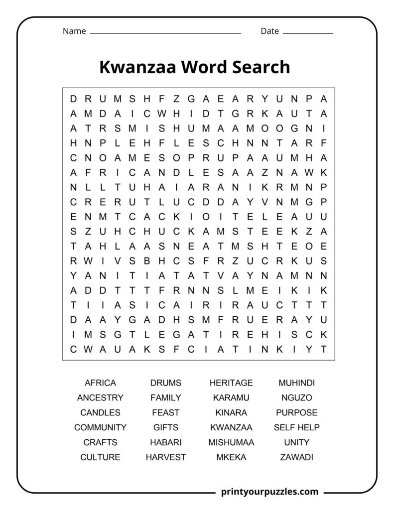 Medium Kwanzaa word search with Africa, kinara, candles, gifts, harvest, and unity vocabulary.