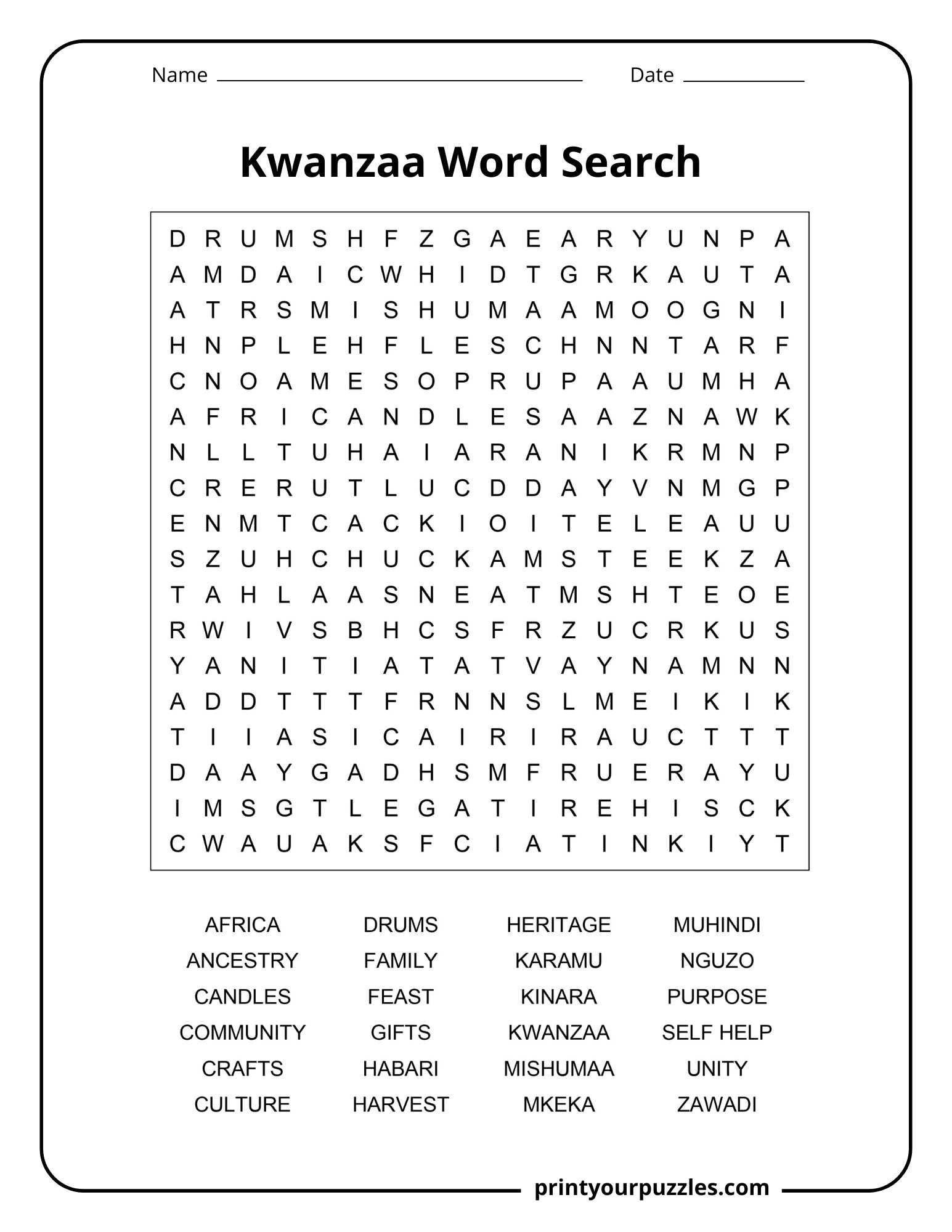 Medium Kwanzaa word search with Africa, kinara, candles, gifts, harvest, and unity vocabulary.