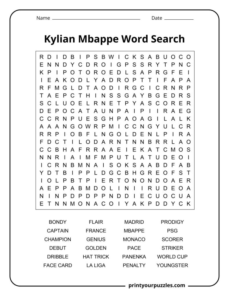 Hard Kylian Mbappe word search puzzle featuring football career terms, clubs, skills, and achievements.