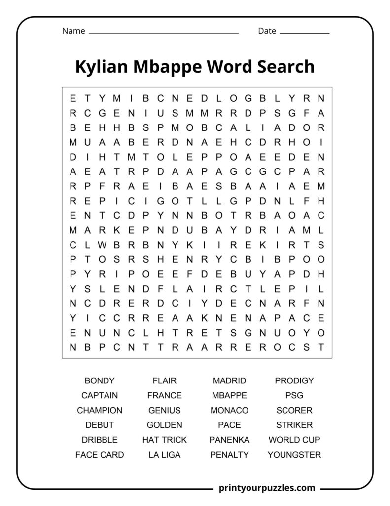 Medium Kylian Mbappe word search printable featuring football terms, clubs, achievements, and player highlights.