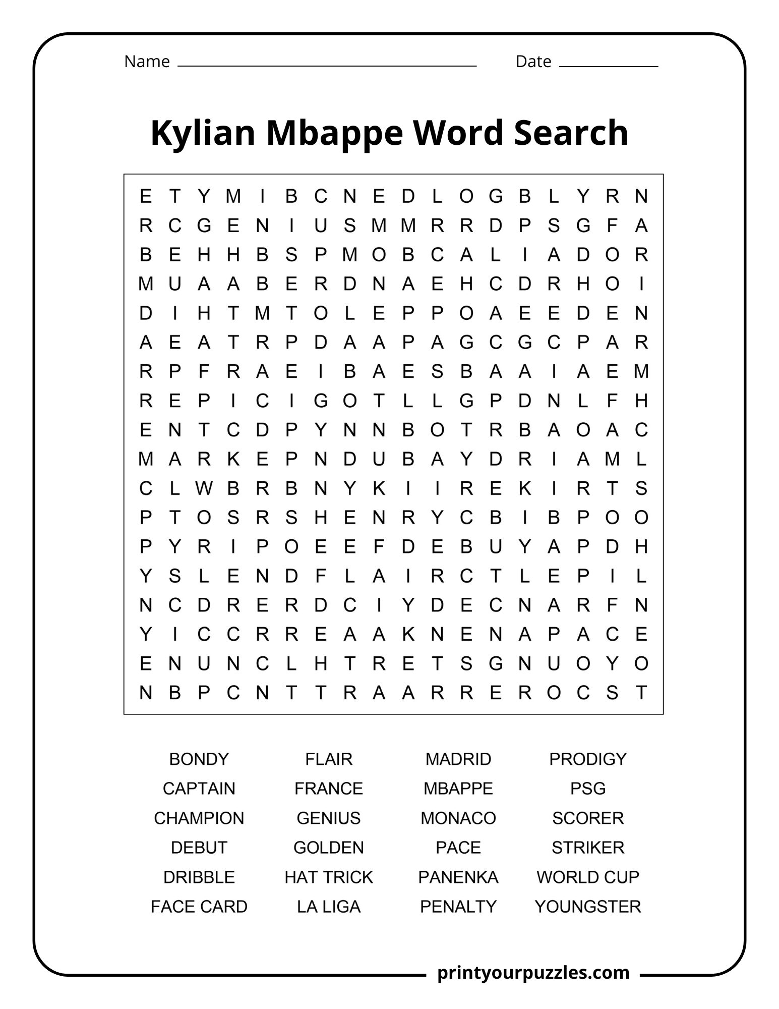 Medium Kylian Mbappe word search printable featuring football terms, clubs, achievements, and player highlights.