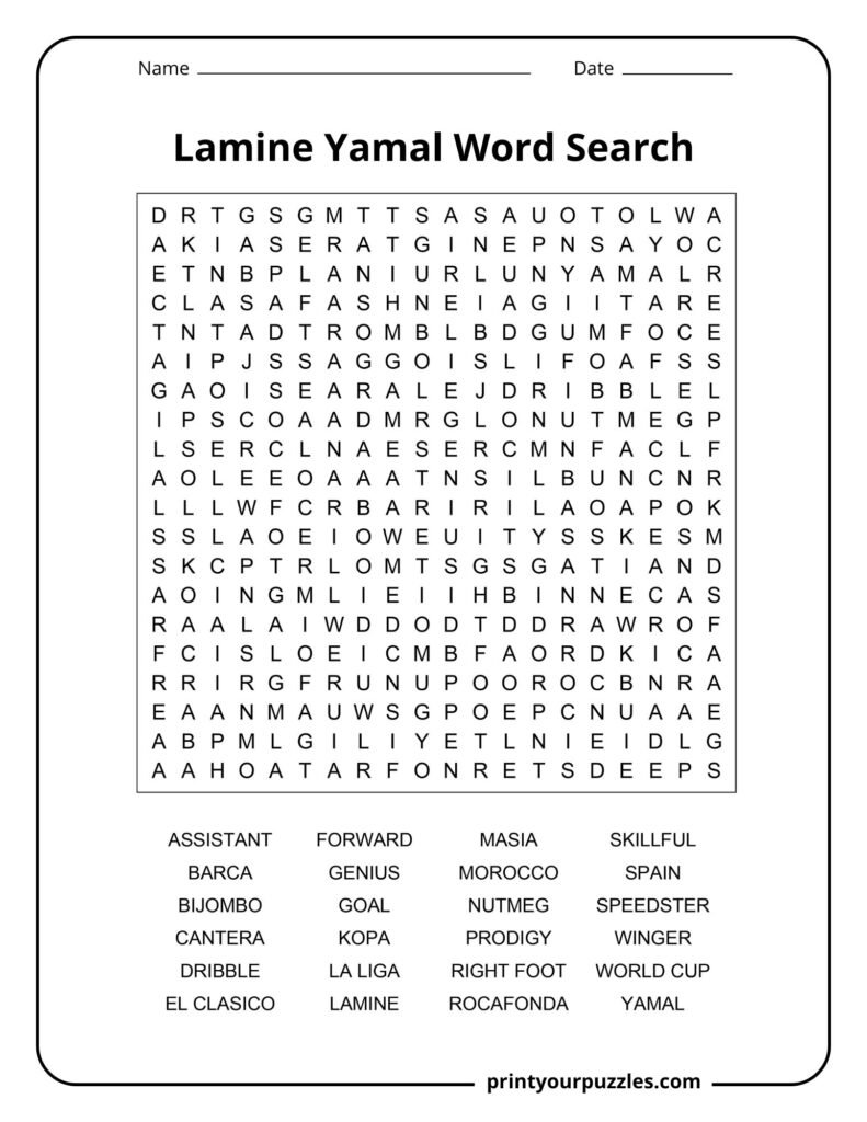 Lamine Yamal hard word search puzzle featuring football terms, Barcelona references, and career-related keywords.