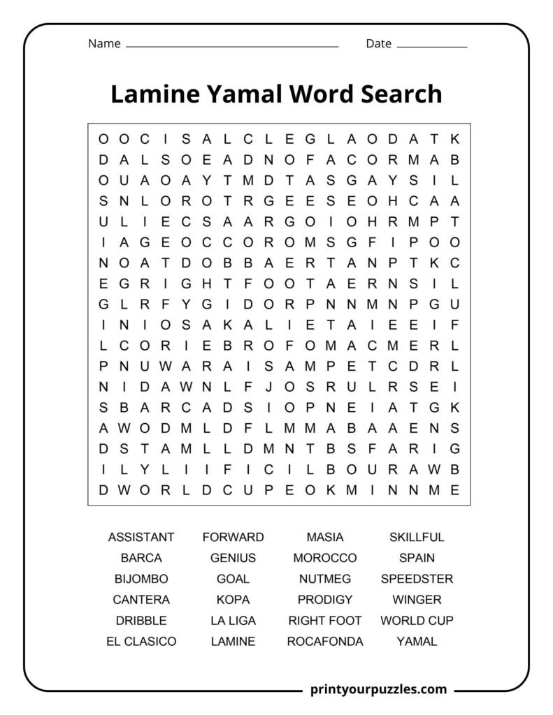Lamine Yamal medium difficulty word search puzzle with soccer vocabulary, Barcelona terms, and football career words.