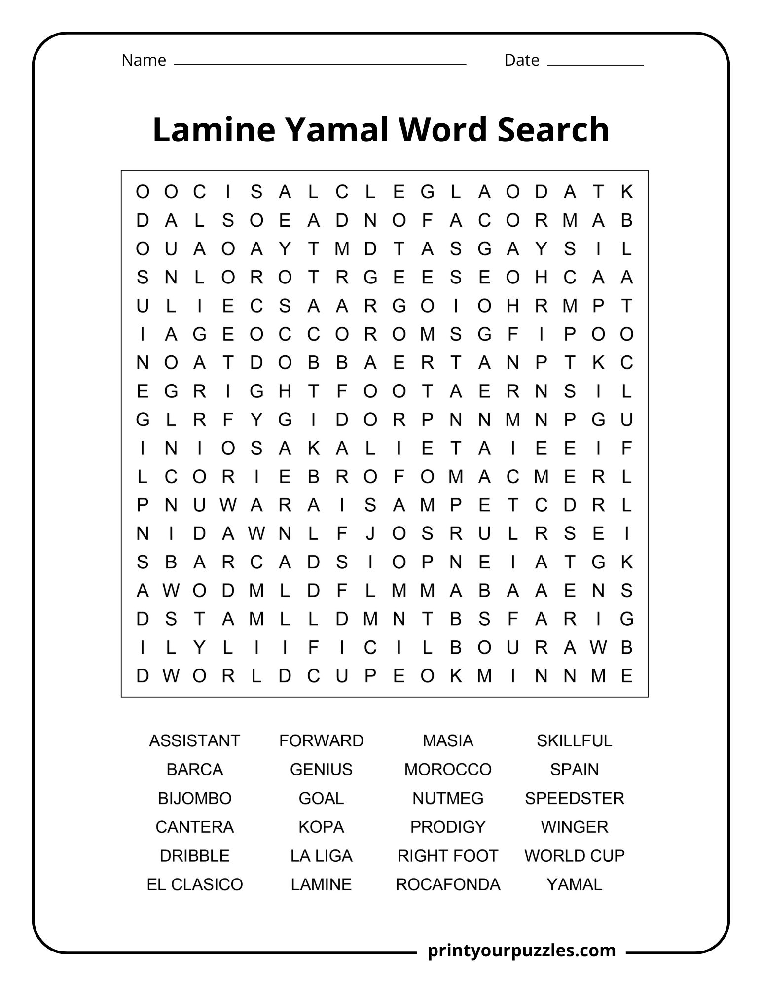 Lamine Yamal medium difficulty word search puzzle with soccer vocabulary, Barcelona terms, and football career words.