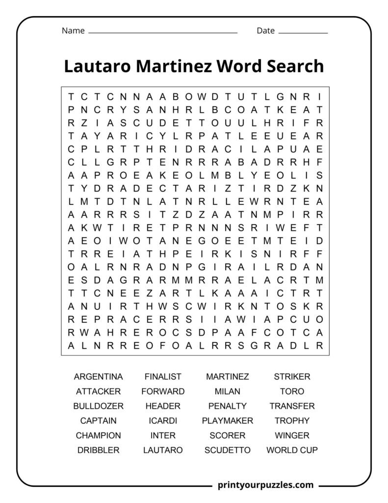 Lautaro Martínez hard word search puzzle featuring football terms, Inter Milan references, and career keywords.