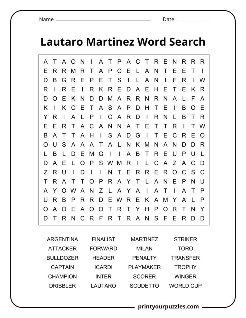 Lautaro Martínez medium difficulty word search puzzle with soccer vocabulary and football career themed words.