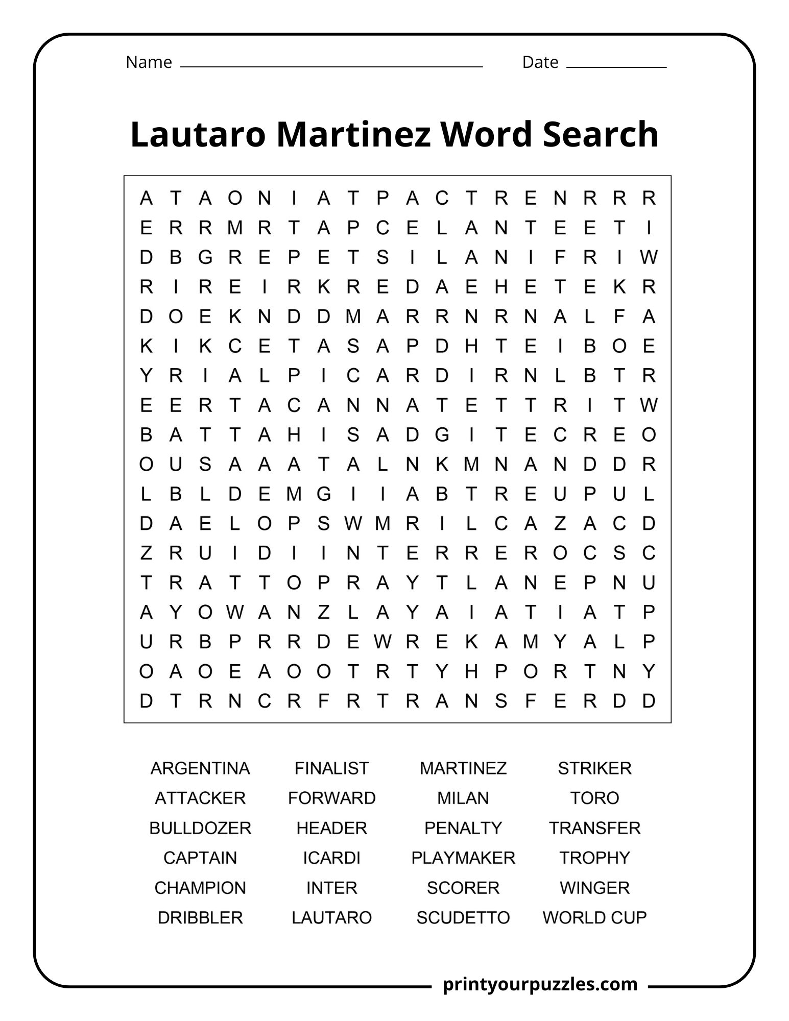 Lautaro Martínez medium difficulty word search puzzle with soccer vocabulary and football career themed words.