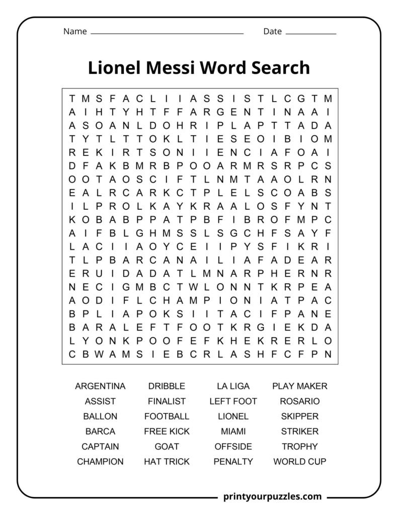Hard Lionel Messi word search puzzle featuring football career terms, achievements, clubs, and soccer vocabulary.