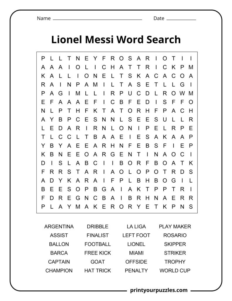 Medium Lionel Messi word search printable featuring football vocabulary, clubs, awards, and career-themed soccer terms.