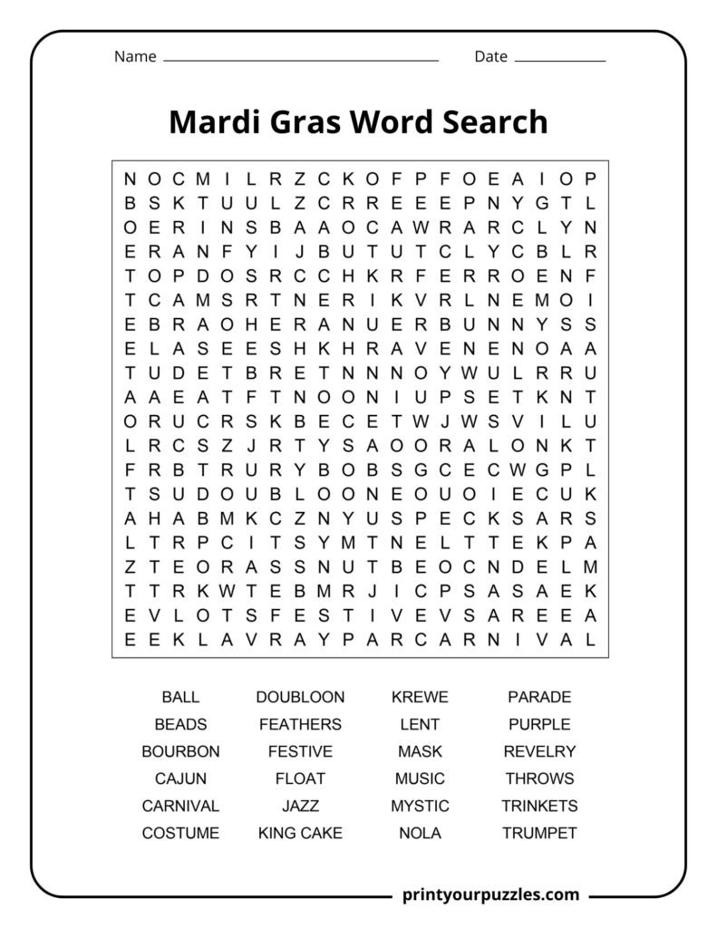 Hard Mardi Gras word search featuring carnival traditions, beads, masks, jazz, parades, and krewe terms.