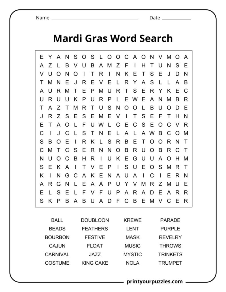 Medium Mardi Gras word search with parade, king cake, purple, beads, carnival, and jazz vocabulary.