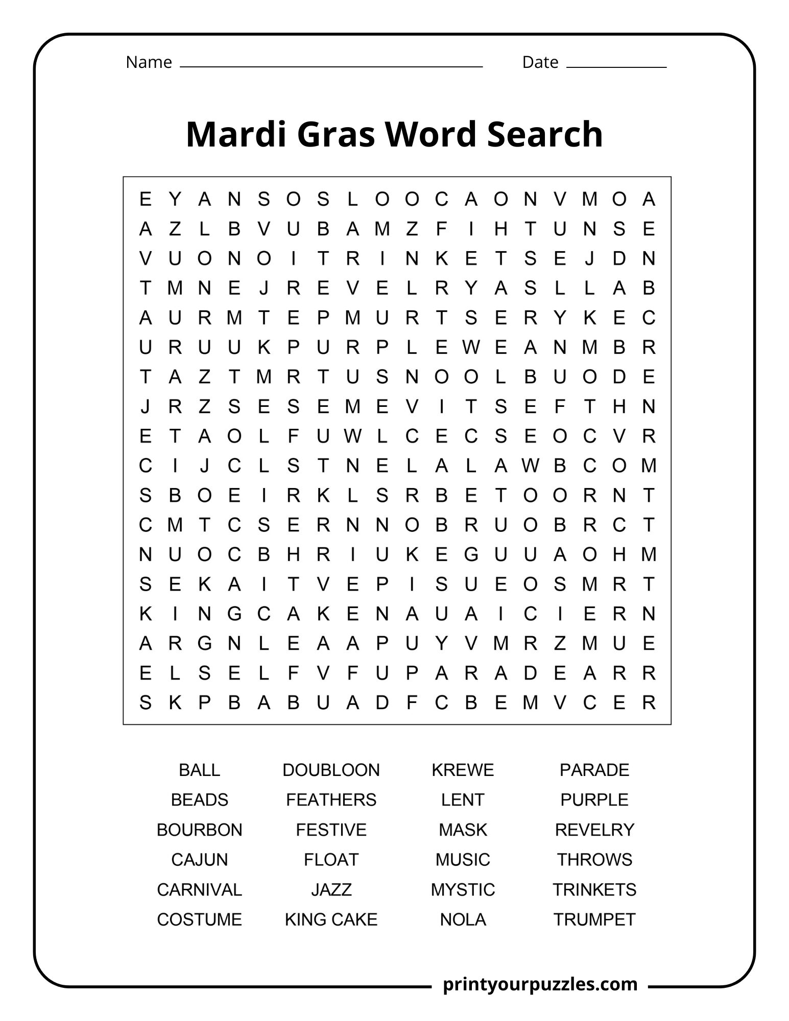 Medium Mardi Gras word search with parade, king cake, purple, beads, carnival, and jazz vocabulary.