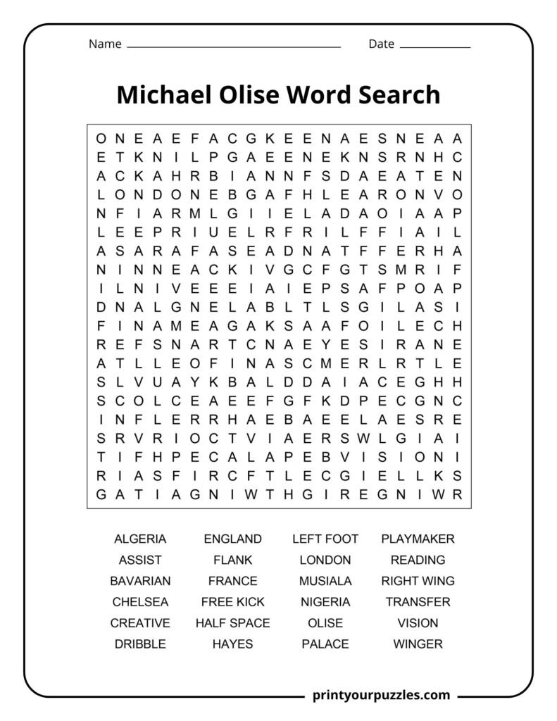 Michael Olise hard word search puzzle featuring football terms, clubs, and career-related soccer keywords.