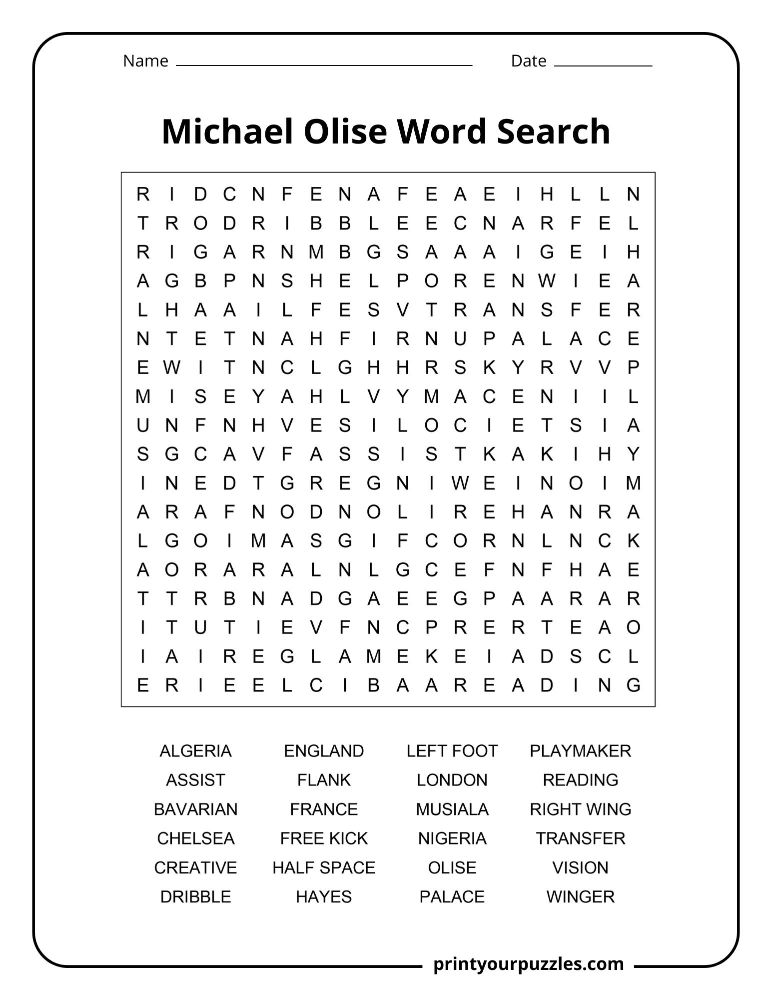 Michael Olise medium difficulty word search puzzle with football vocabulary and career inspired soccer terms.